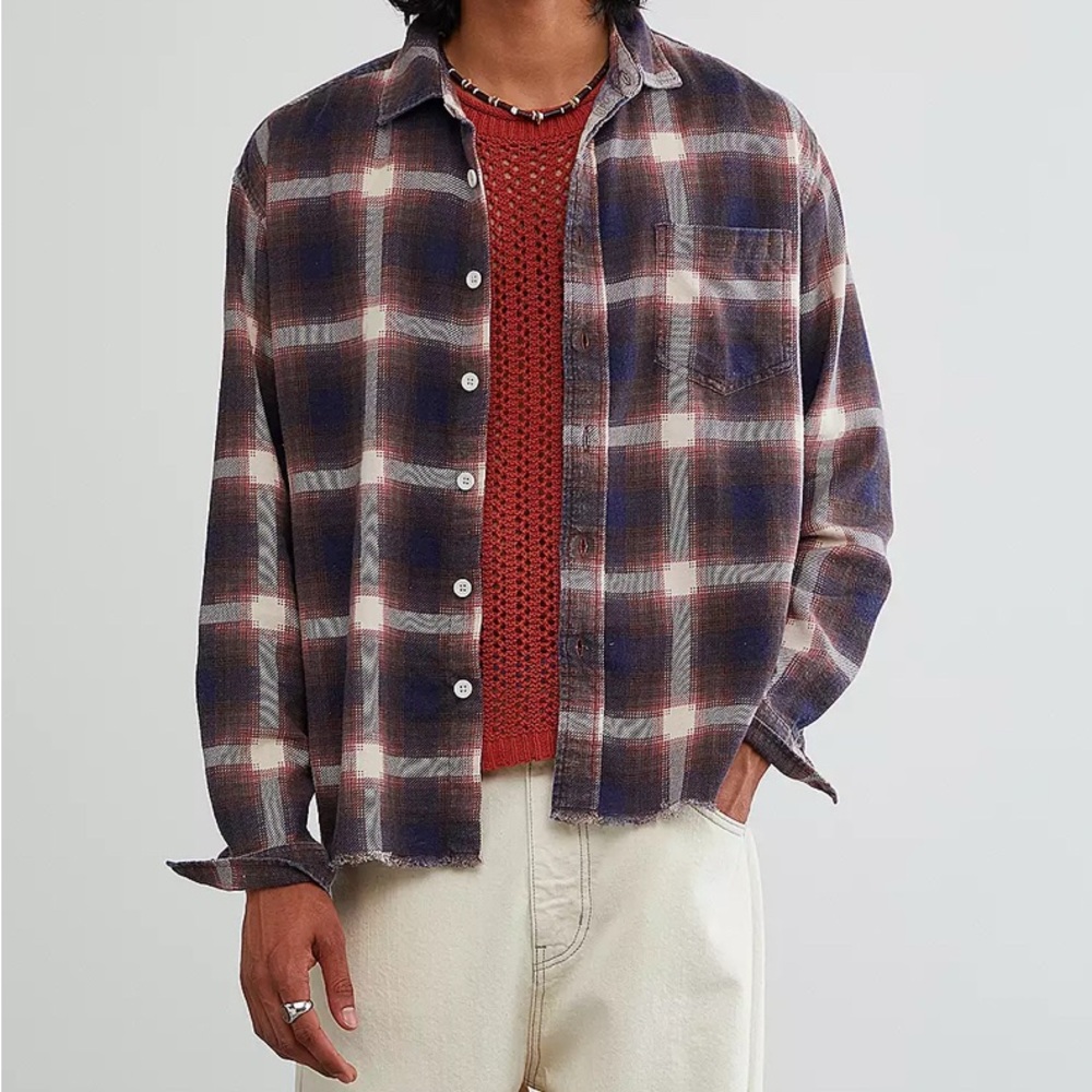 BDG Men's Plaid Button-Down Shirt in Brown, Blue, White